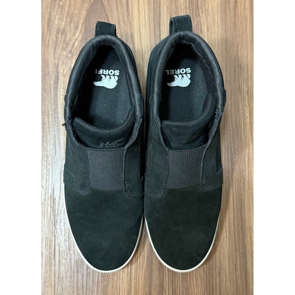 Sorel Out N About Pull On Hidden Wedge Black Suede Sneaker Boots Women Sz 9 - Picture 4 of 10